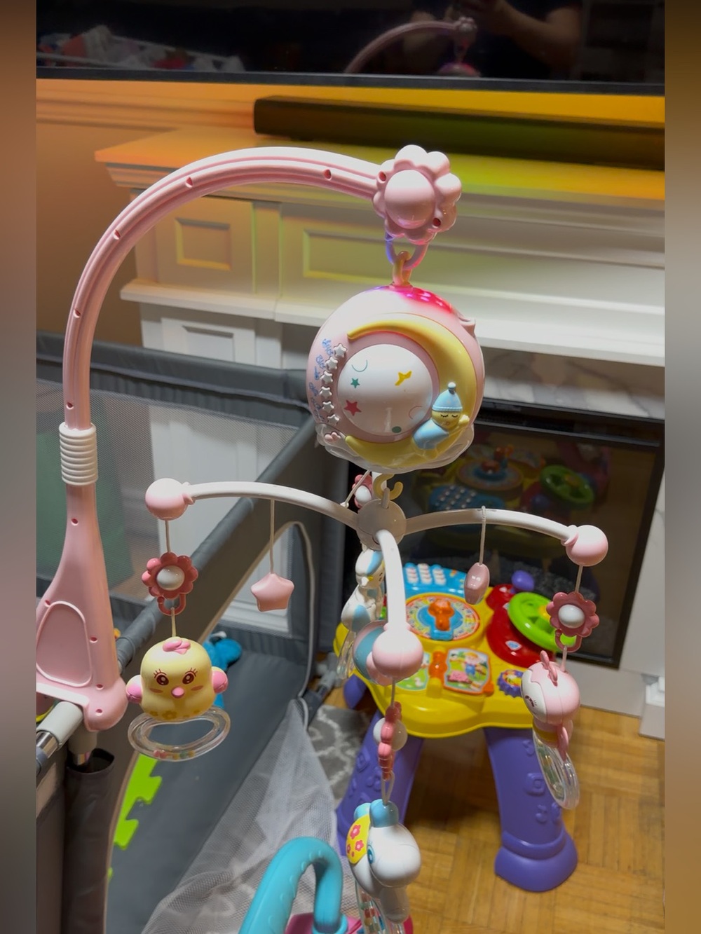 Pink Baby Crib Mobile with Musical Moon and Hanging Toys
